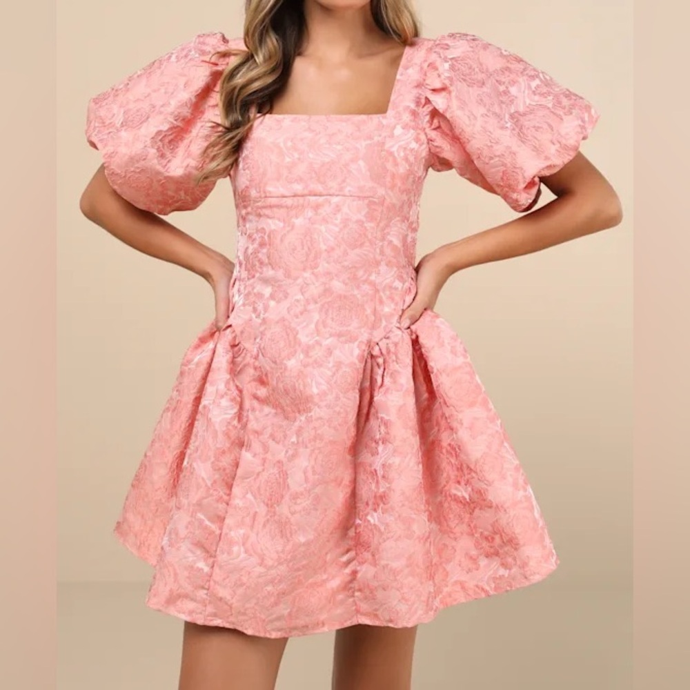 Sister Jane Recital Pink Jacquard Floral Puff Sleeve Mini Dress